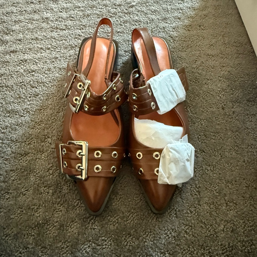Brown Leather Pointed-Toe Slingback Flats with Buckle Detail